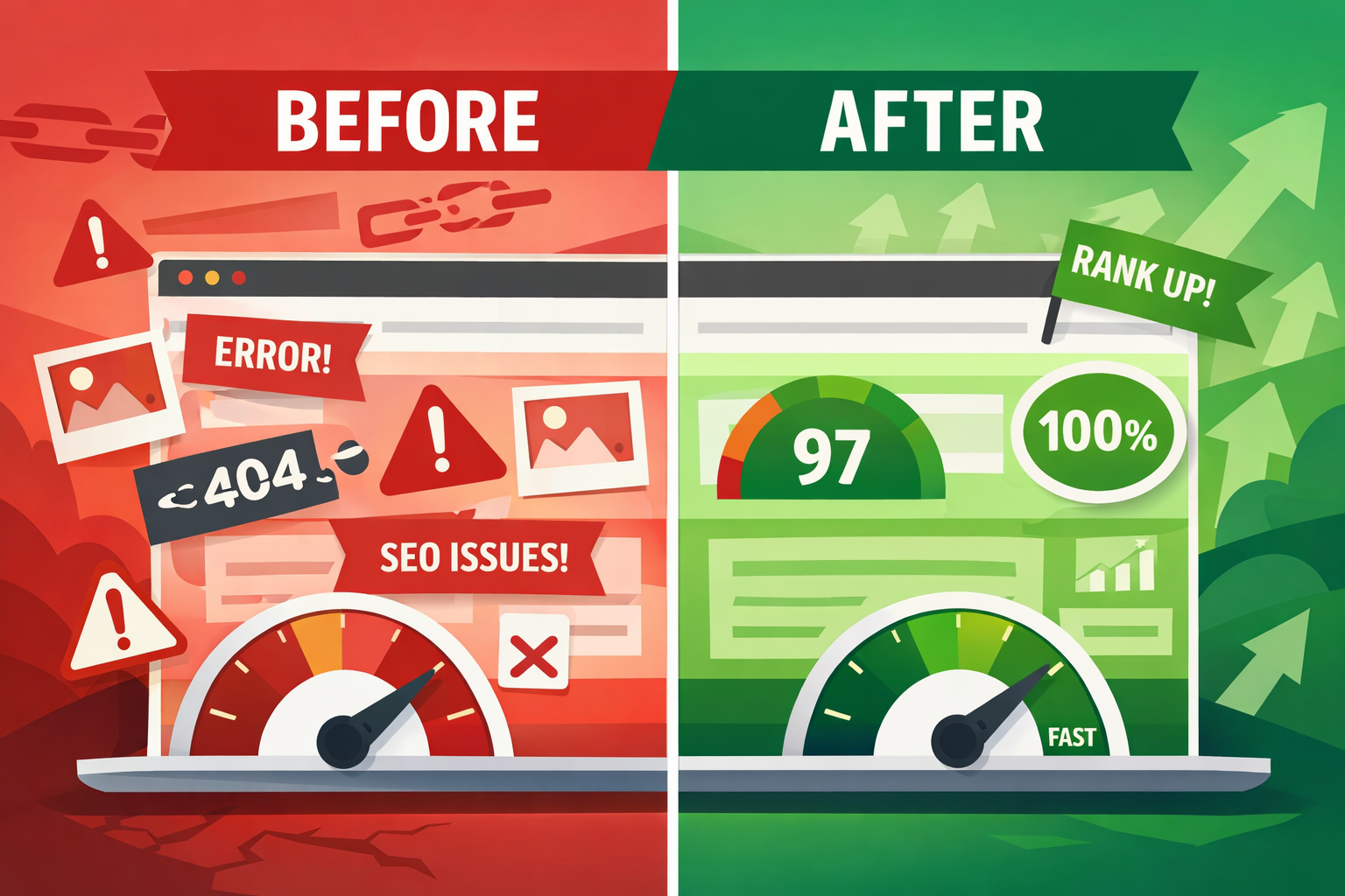 Digital illustration, graphic design style, Landscape format (1536x1024) split-screen concept illustration showing left side: a disorganized website with red error flags, slow speed meter, and broken links; right side: the same website after SEO audit fixes with green health scores, fast load time gauge, and upward ranking arrows. Bold before-and-after label overlay, clean flat design style with professional color palette of red-to-green gradient, editorial quality.