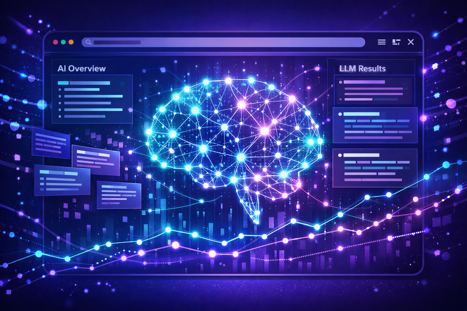 Digital illustration, graphic design style, Landscape format (1536x1024) futuristic visualization of AI-powered SEO analysis showing a glowing neural network overlaid on a browser window with AI Overview snippets, LLM search result panels, and predictive ranking trend lines. Abstract digital art style with deep purple and cyan color palette, floating data points and algorithm nodes, high-tech editorial aesthetic, 1536x1024 landscape format.
