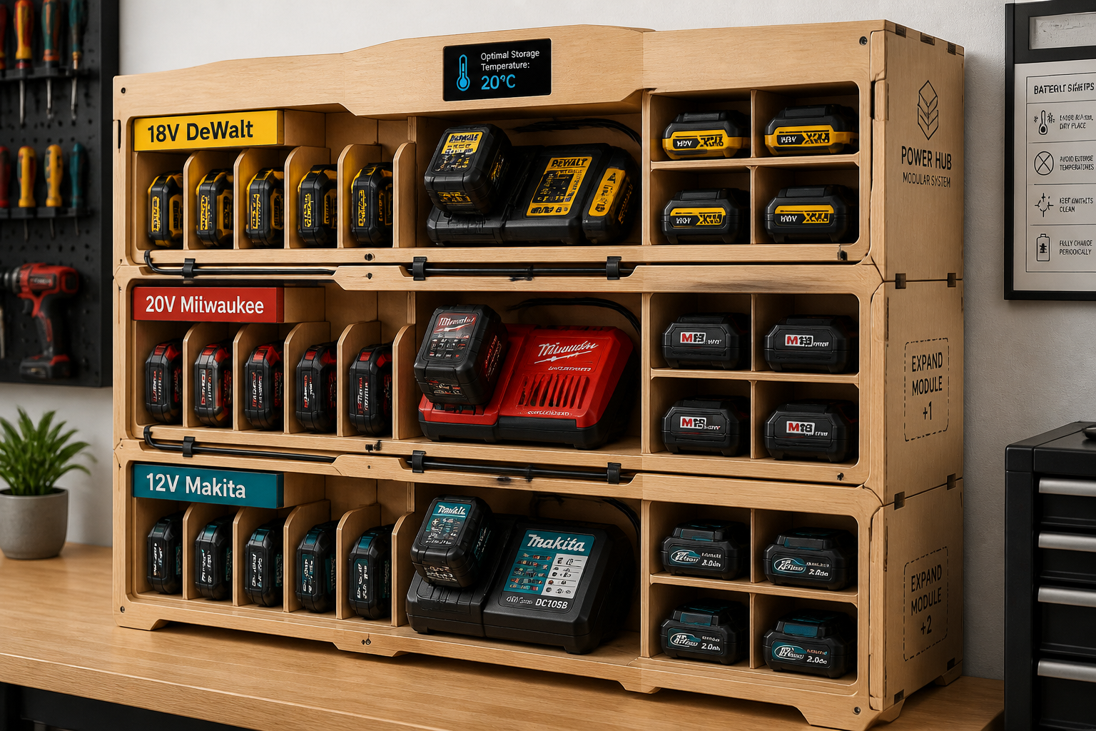A detailed, isometric view of a multi-tier custom wooden storage system designed specifically for power tool batteries and
