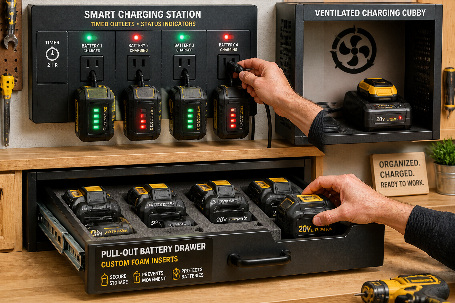 A close-up, dynamic shot showcasing various DIY power tool battery charging stations, emphasizing innovative features. One