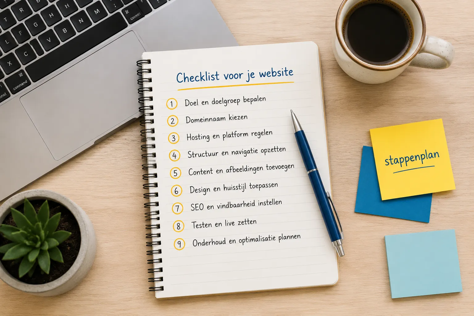 Notitieblok met een genummerd stappenplan voor blog schrijven, van bovenaf gefotografeerd