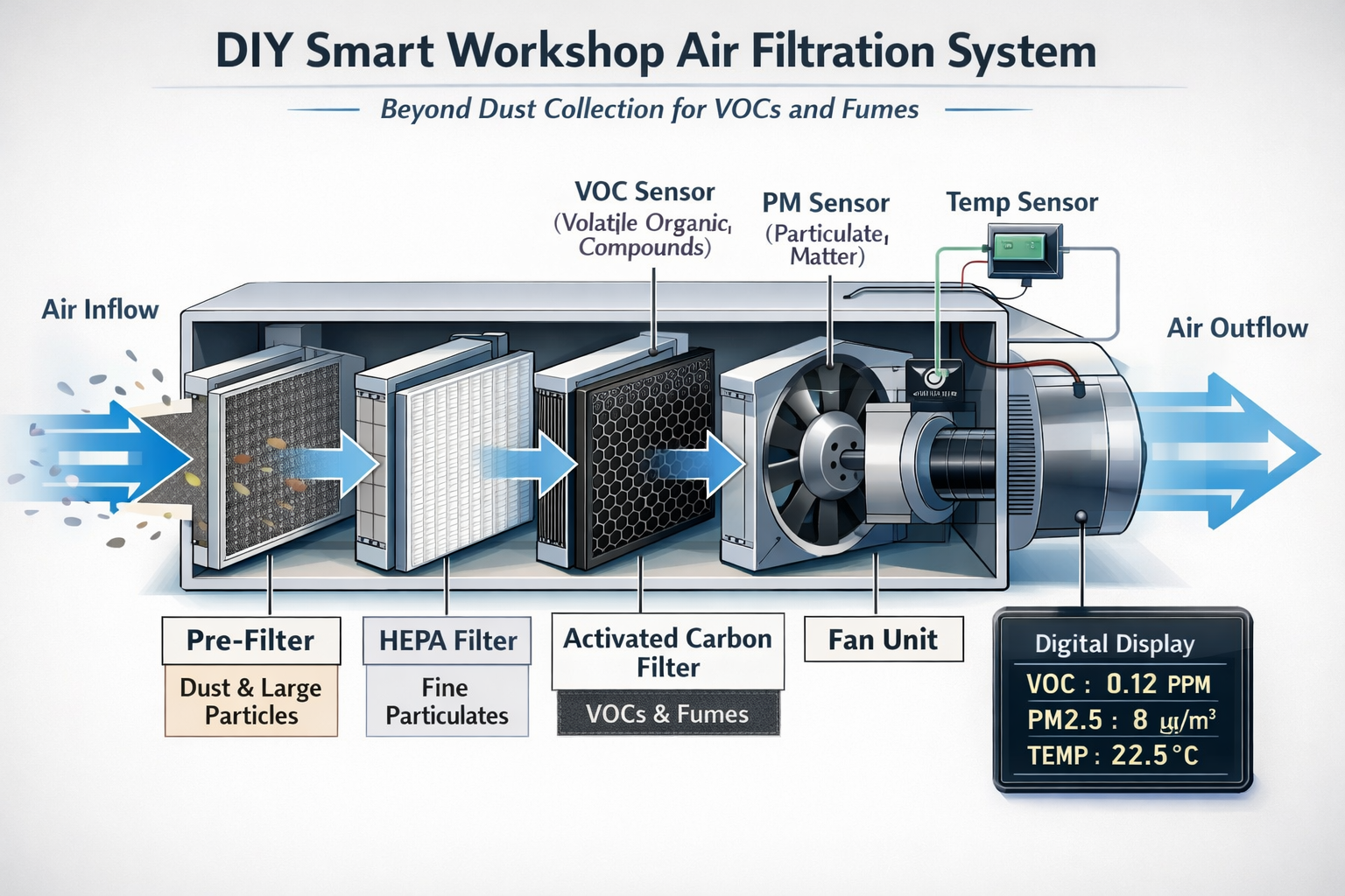 () image illustrating a detailed schematic of a multi-stage DIY air filtration unit. The diagram highlights different filter