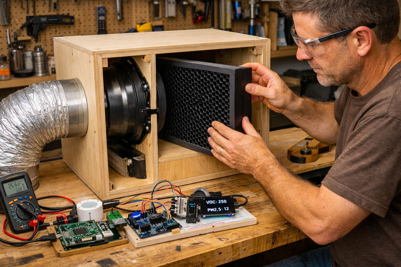 () image showcasing a woodworking enthusiast assembling a DIY smart air filtration unit. The person, wearing safety glasses,