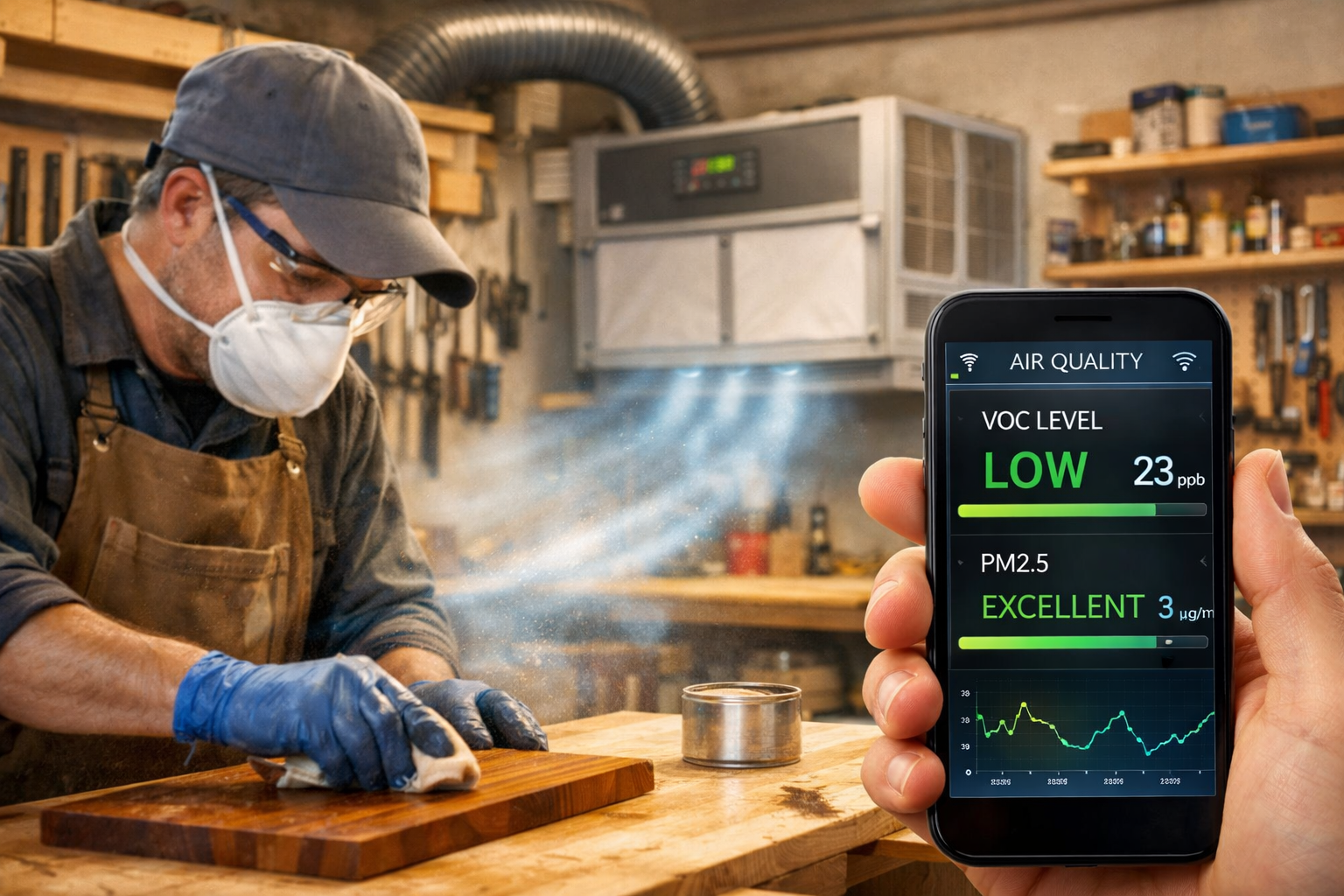 () image depicting a brightly lit, subtly blending into the environment. In the foreground, a craftsman is safely working on