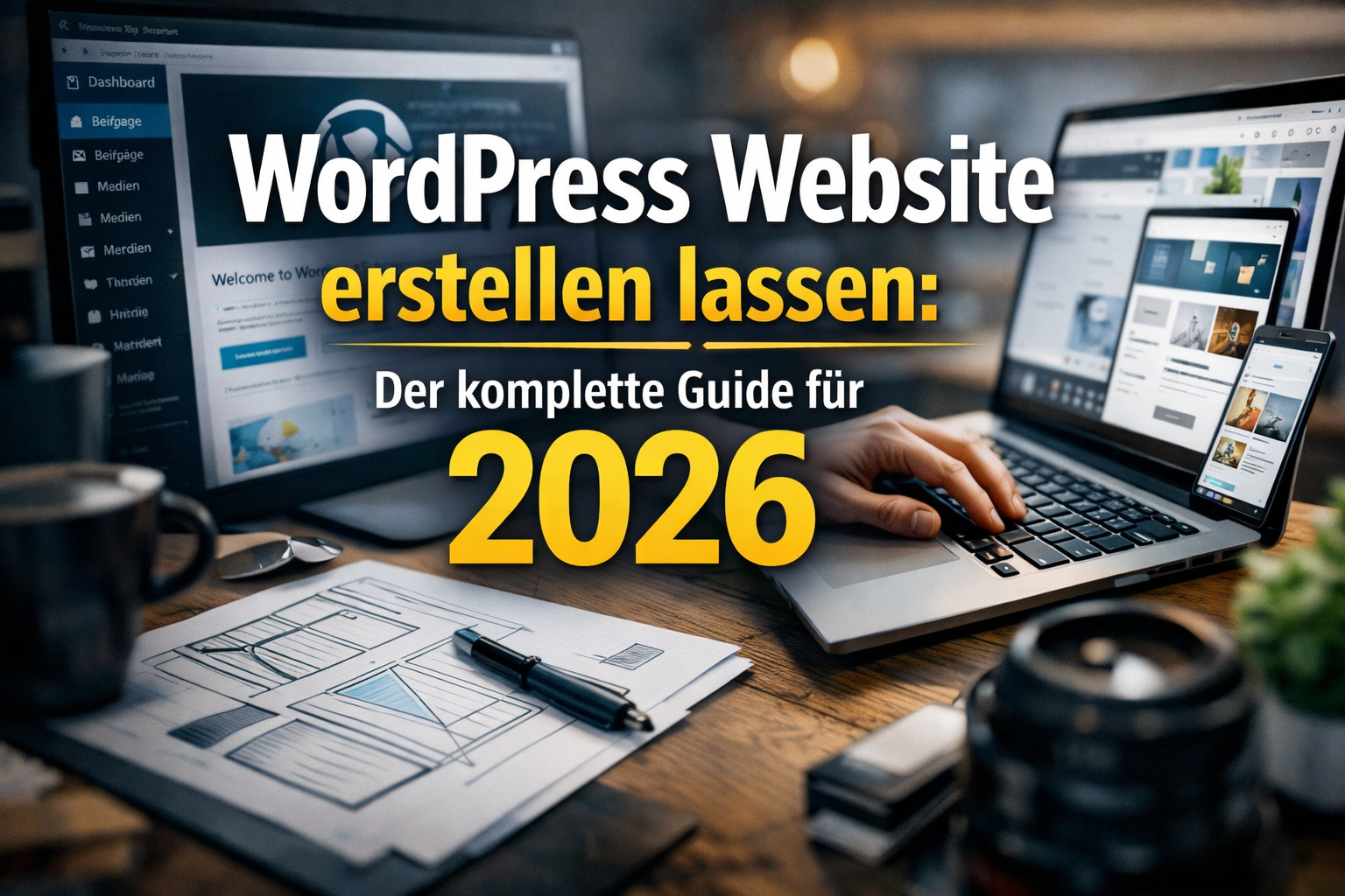 Professional hero image with bold text overlay: "WordPress Website erstellen lassen: Der komplette Guide f&uuml;r 2026". Modern design, high cont