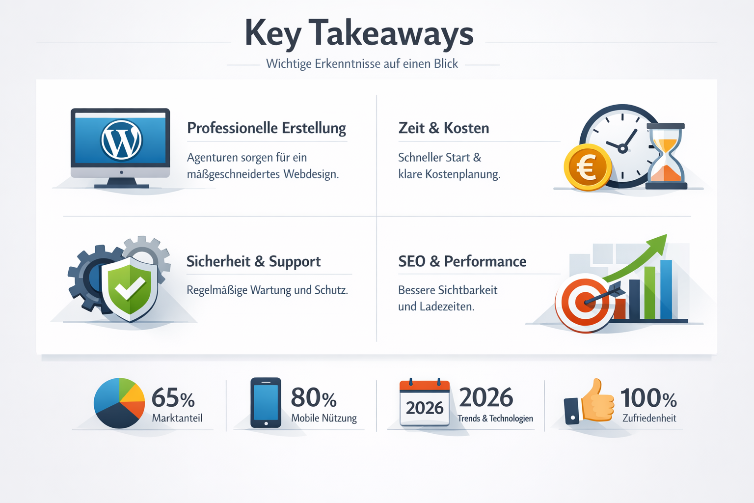 Professional infographic for article "WordPress Website erstellen lassen: Der komplette Guide f&uuml;r 2026", section: "Key Takeaways". Include r