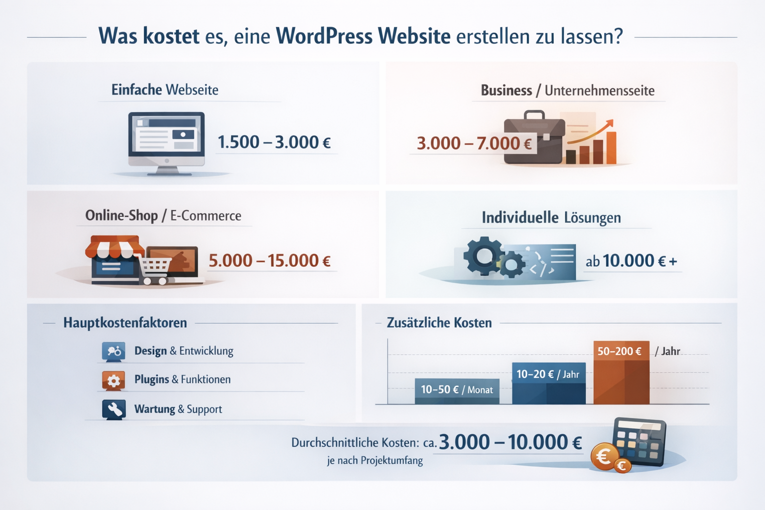 Professional infographic for article "WordPress Website erstellen lassen: Der komplette Guide f&uuml;r 2026", section: "Was kostet es, eine WordP