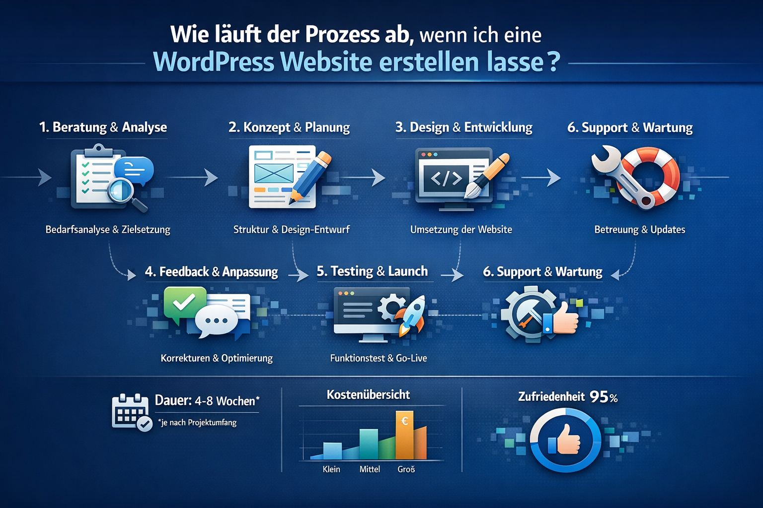 Professional infographic for article "WordPress Website erstellen lassen: Der komplette Guide f&uuml;r 2026", section: "Wie l&auml;uft der Prozess ab,