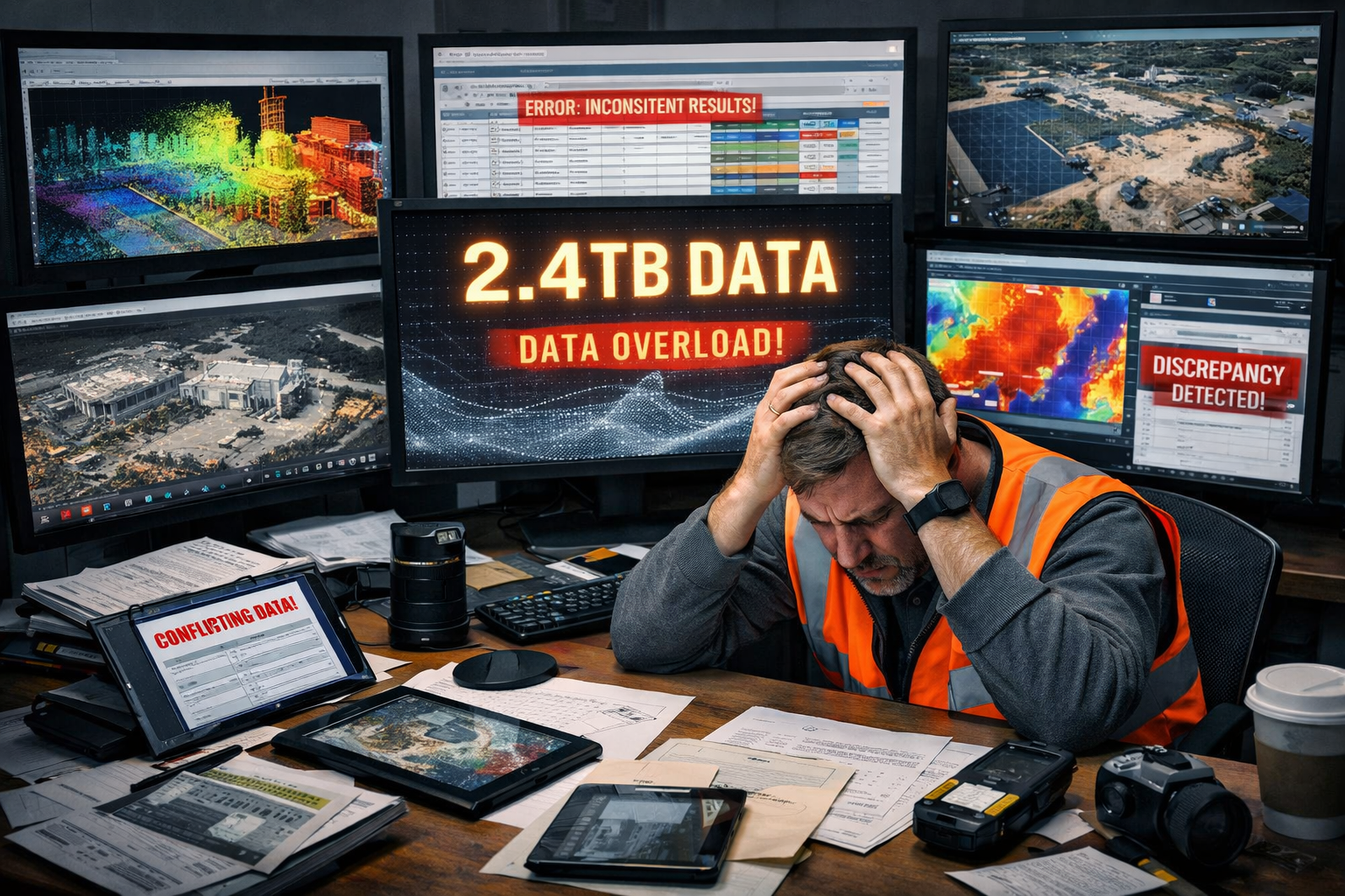 () editorial image showing overwhelmed surveyor at modern desk surrounded by multiple screens displaying different data