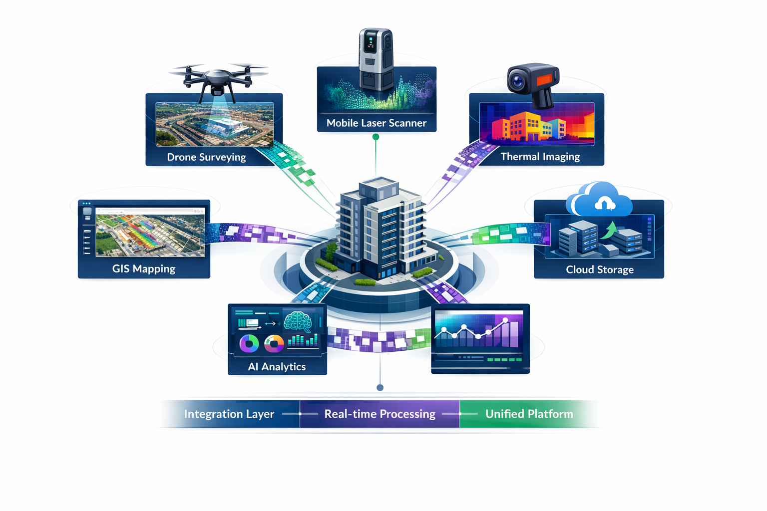 () infographic-style visualization showing integrated technology ecosystem for property surveying. Central hub displays 3D
