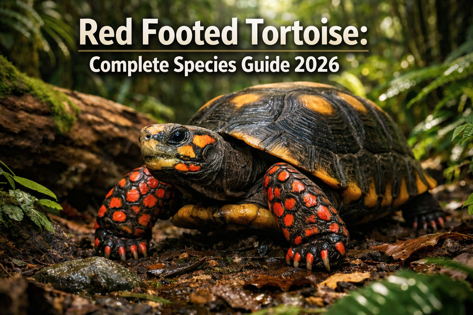 Professional landscape hero image (1536x1024) featuring a vibrant red footed tortoise in its natural rainforest habitat with bold text overl