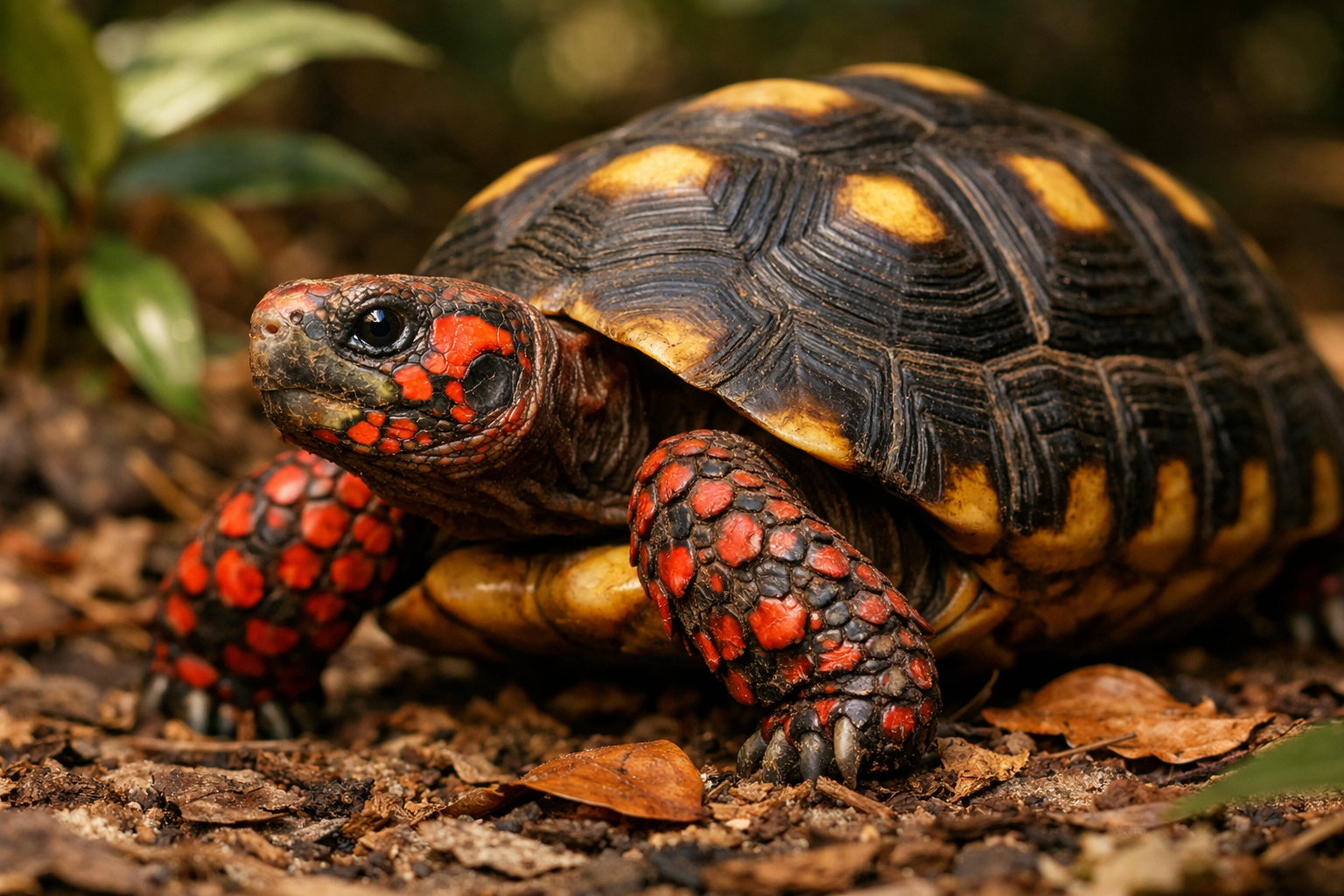 Detailed close-up photograph of red footed tortoise showing distinctive physical characteristics - bright red scales on legs and head, dark 