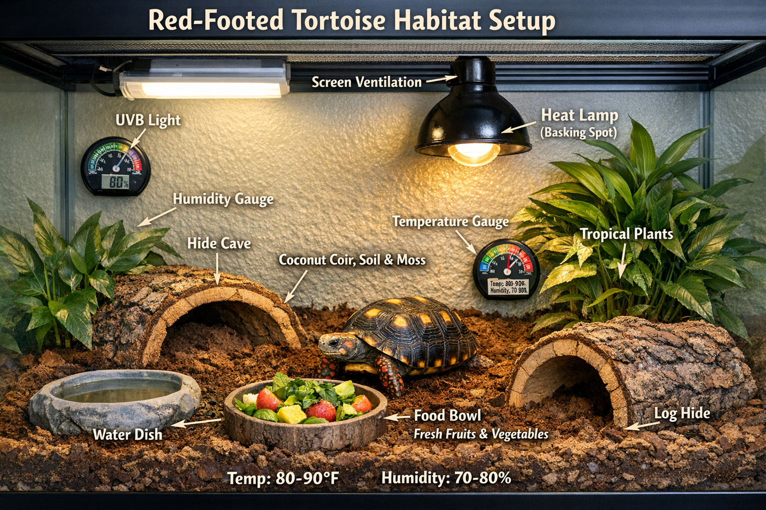 Indoor red footed tortoise habitat setup showing proper enclosure with UVB lighting, heating elements, water dish, hiding spots, substrate, 