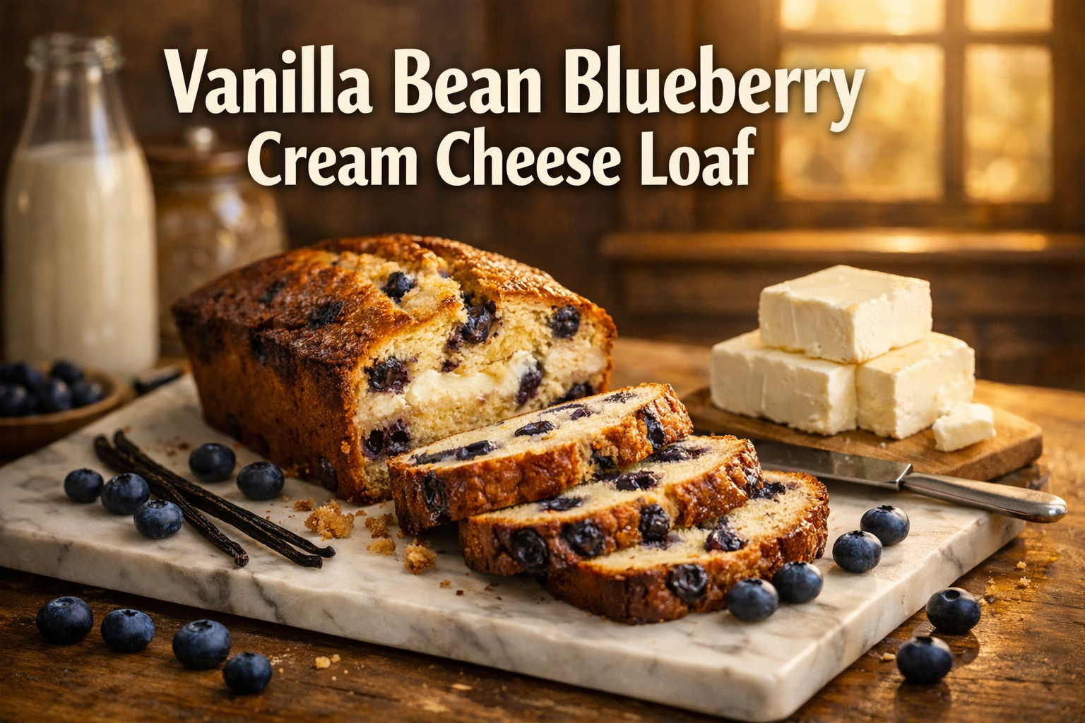 Professional landscape hero image (1536x1024) featuring bold text overlay 'Vanilla Bean Blueberry Cream Cheese Loaf' in extra large 72pt cre