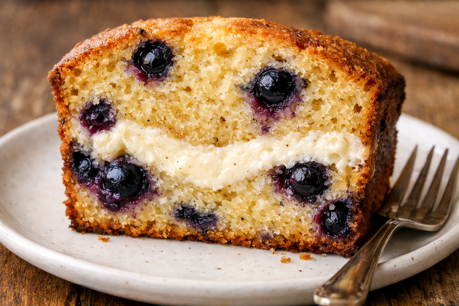 Close-up cross-section view of vanilla bean blueberry cream cheese loaf showing distinct cream cheese swirl layer through the middle, plump 