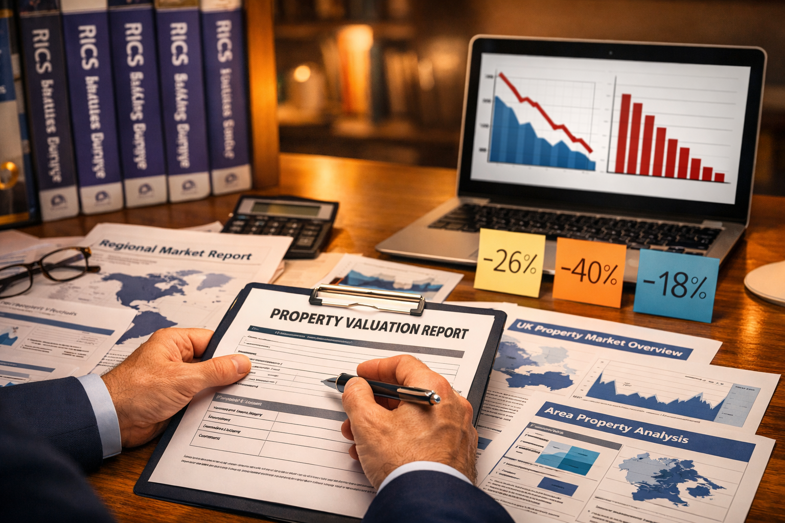() showing a professional RICS chartered surveyor at a desk reviewing property valuation documents with multiple regional