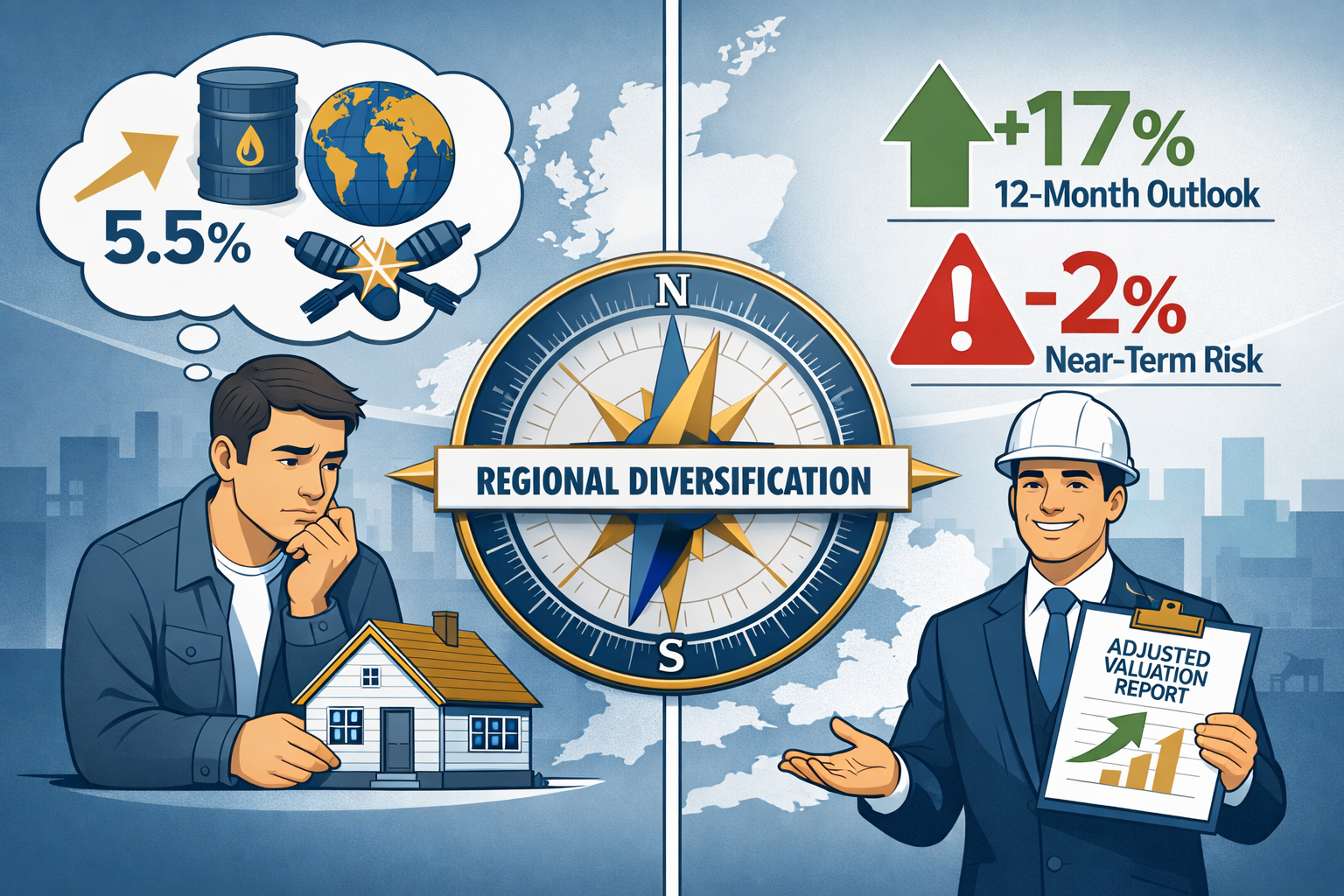 () conceptual split illustration showing Q2 2026 UK property market strategy: left panel shows cautious buyer with thought
