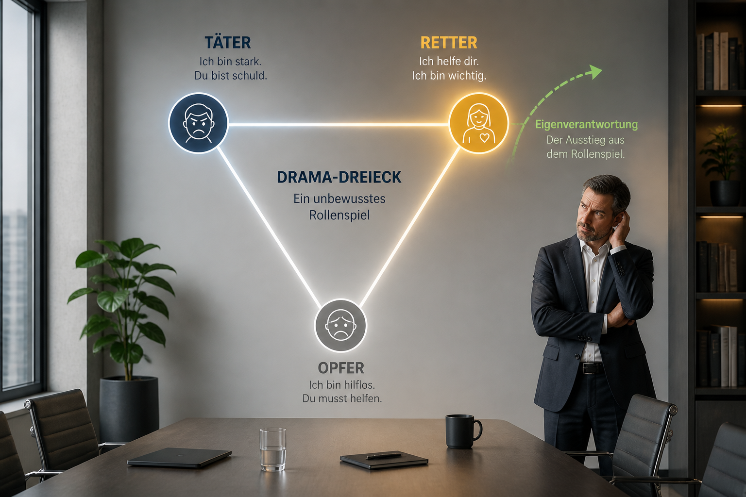 Conceptual editorial illustration () depicting the Karpman Drama-Dreieck as a glowing inverted triangle diagram floating