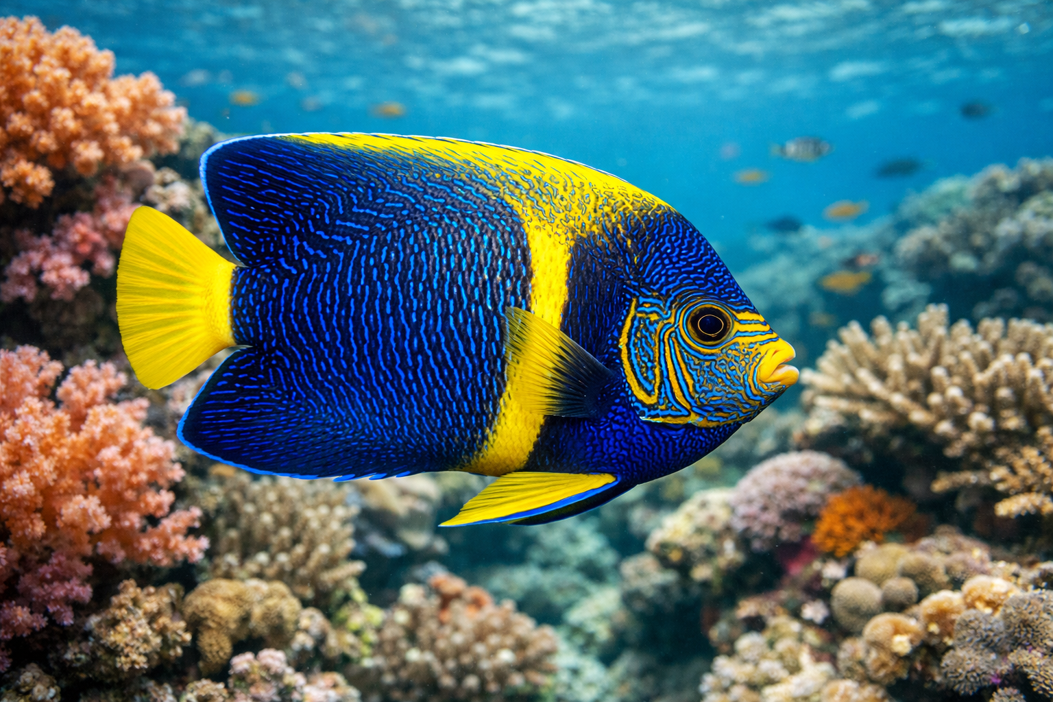 Detailed landscape format (1536x1024) underwater photography showing a magnificent scribbled angelfish in its natural coral reef habitat, di