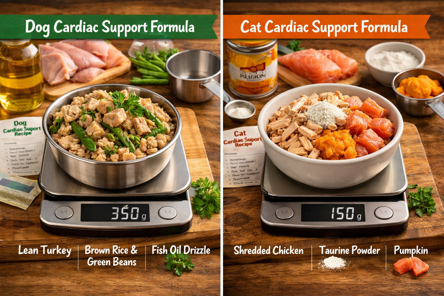 Landscape format (1536x1024) split-screen comparison image showing dog-specific heart health recipe on left and cat-specific recipe on right