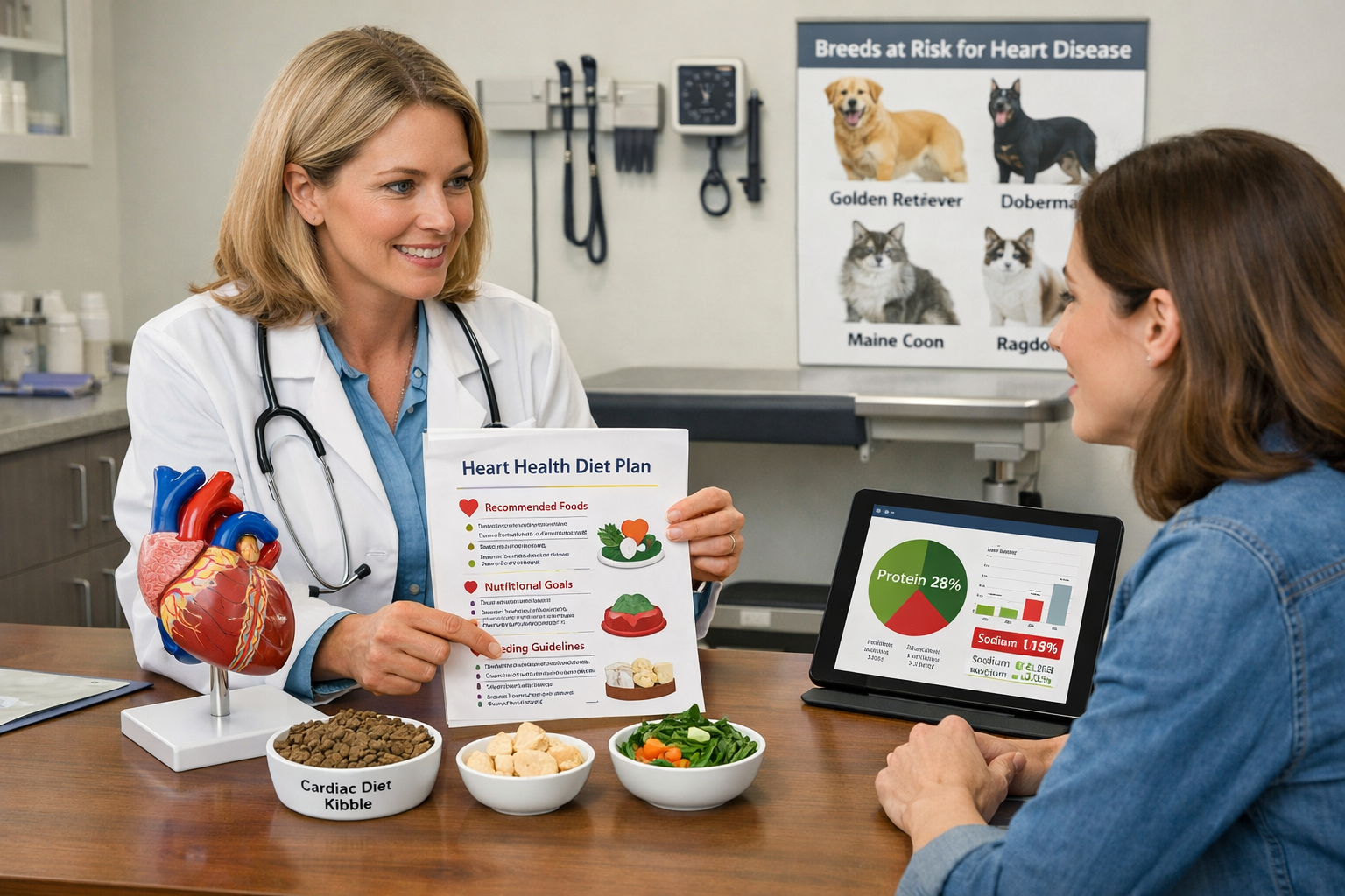 Landscape format (1536x1024) veterinary consultation scene showing professional vet in white coat discussing nutrition plan with pet owner a
