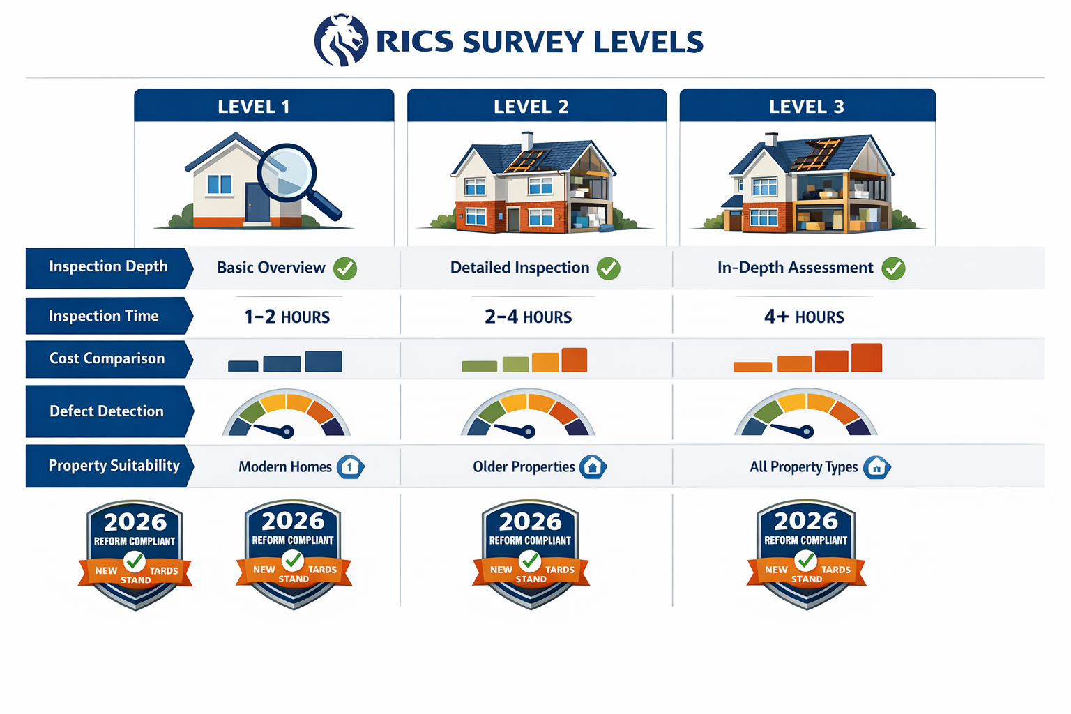 Detailed () image showing professional comparison infographic of RICS survey levels with three distinct columns labeled