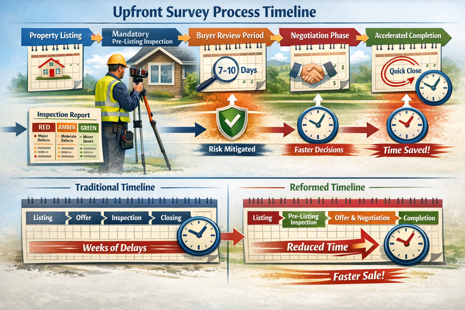 Detailed () image depicting upfront survey process timeline infographic showing sequential stages from property listing to