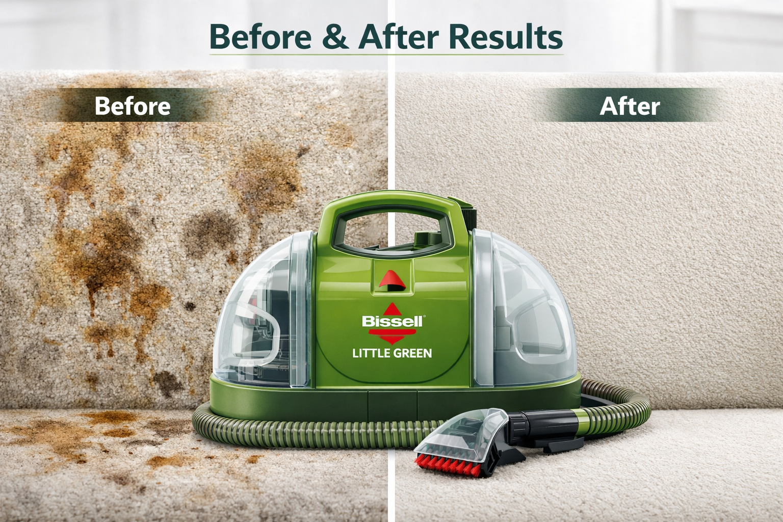 Detailed landscape format (1536x1024) editorial image showing a split-scene comparison: on the left, a close-up of a heavily stained carpet or car seat upholstery with visible coffee and pet stains; on the right, the same surface after cleaning with the Bissell Little Green machine, spotlessly clean. The green Bissell Little Green machine sits prominently in the center foreground. Bright, natural lighting, clean white background accents, photorealistic product photography style, with subtle text overlay reading 'Before & After Results' in bold dark green font. 