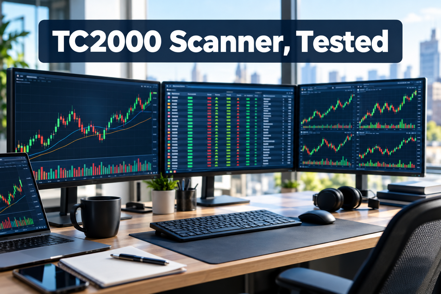 Professional () hero image with (≤42 chars): 'TC2000 Scanner, Tested', crisp white centered on a dark navy semi-transparent