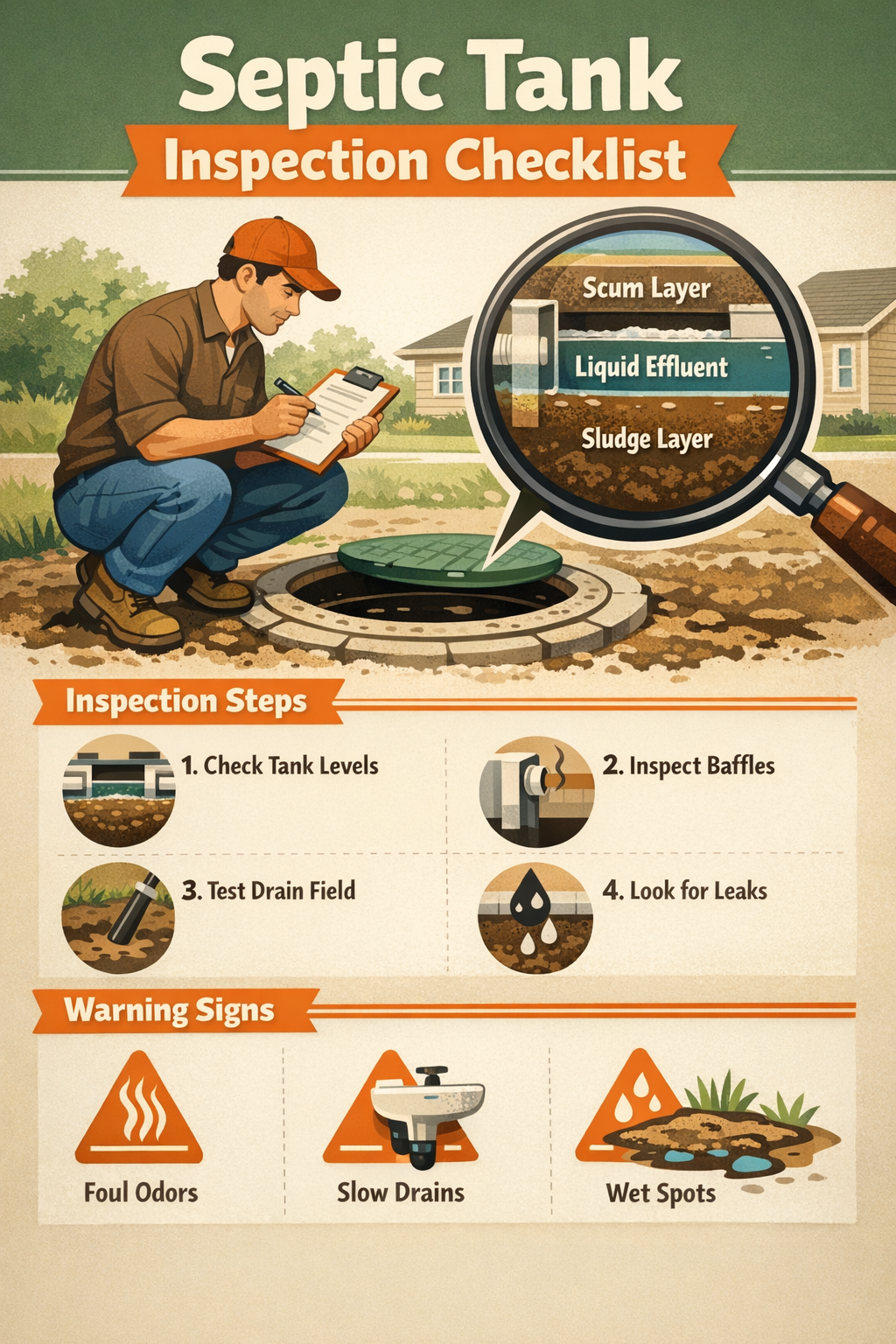 () infographic showing septic tank inspection checklist with homeowner examining septic tank access cover, clipboard in