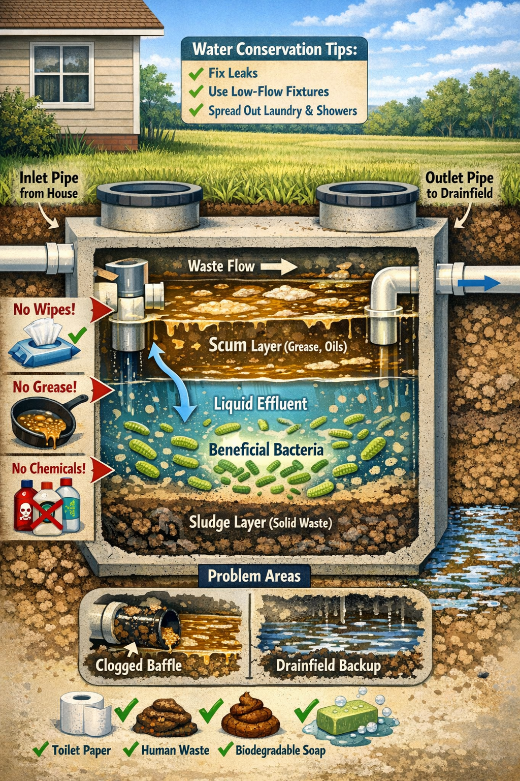 () detailed cutaway illustration of septic tank showing proper waste flow, beneficial bacteria zones, inlet/outlet pipes,