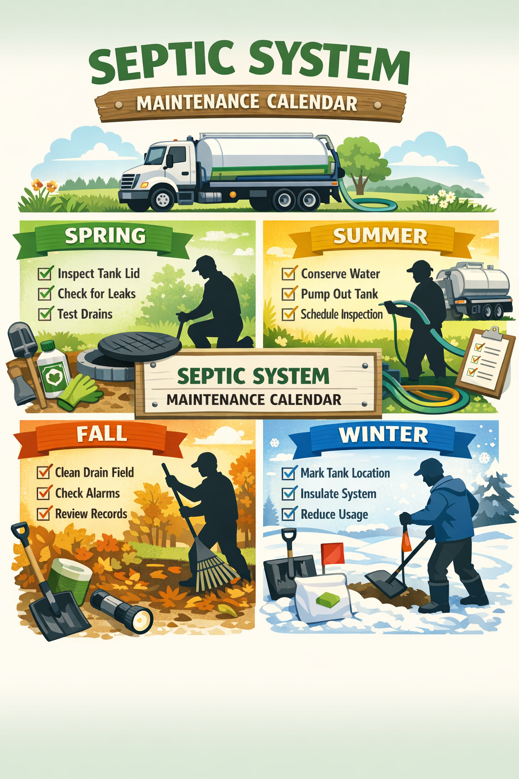 () seasonal maintenance calendar showing four distinct sections for spring, summer, fall, winter septic care tasks,