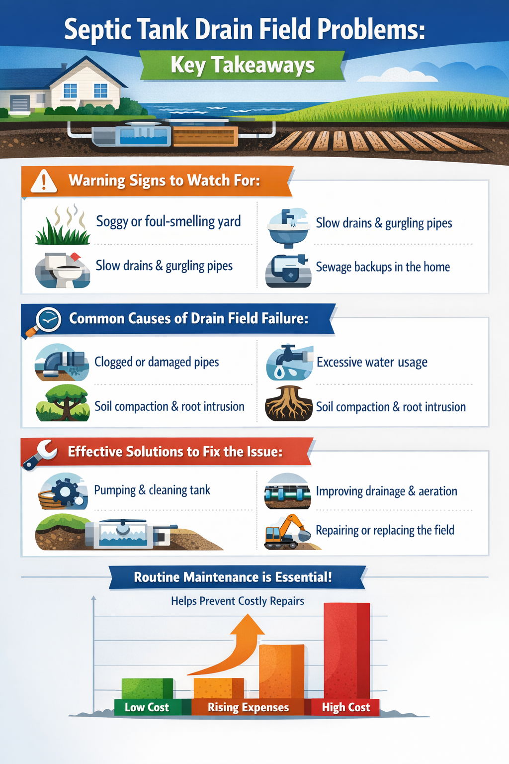 Professional infographic for article "Septic Tank Drain Field Problems: Warning Signs, Causes & Fixes", section: "Key