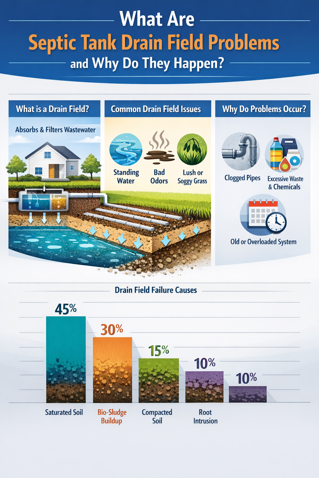 Professional infographic for article "Septic Tank Drain Field Problems: Warning Signs, Causes & Fixes", section: "What Are