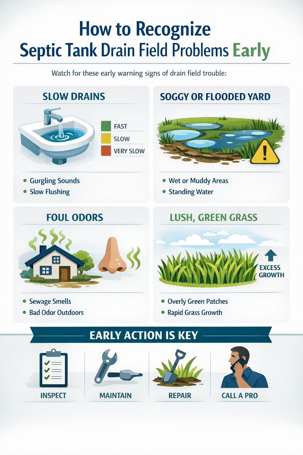 Professional infographic for article "Septic Tank Drain Field Problems: Warning Signs, Causes & Fixes", section: "How to