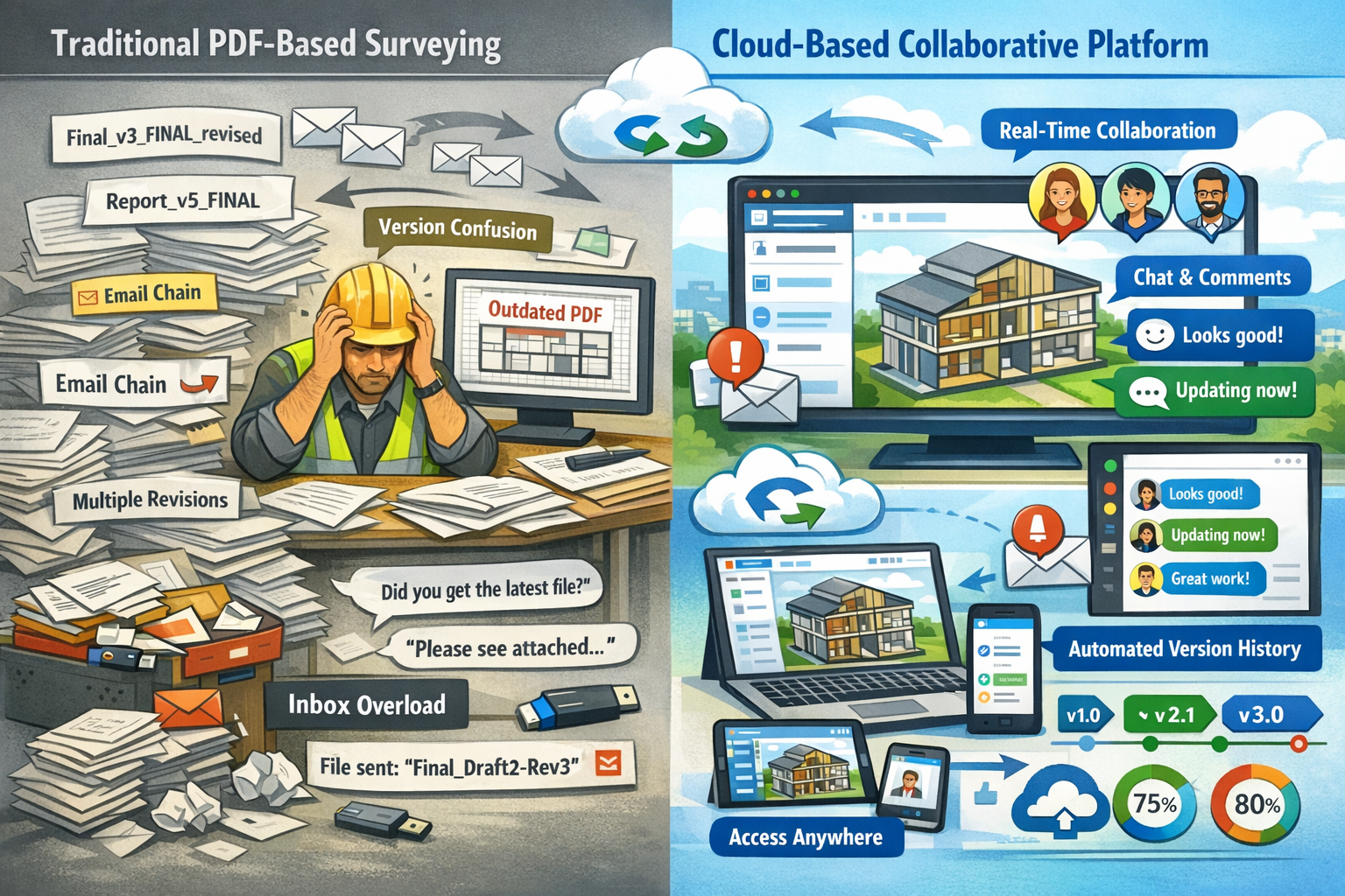 Detailed landscape format (1536x1024) illustration showing comparative workflow diagram of traditional PDF-based surveying versus cloud-base