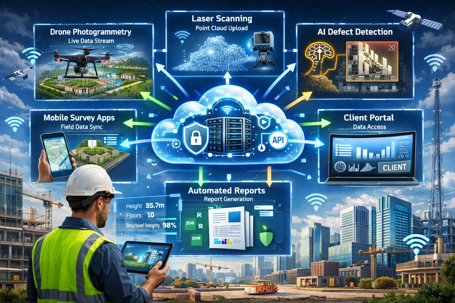 Detailed landscape format (1536x1024) conceptual illustration depicting future of surveying technology ecosystem with cloud platform at cent