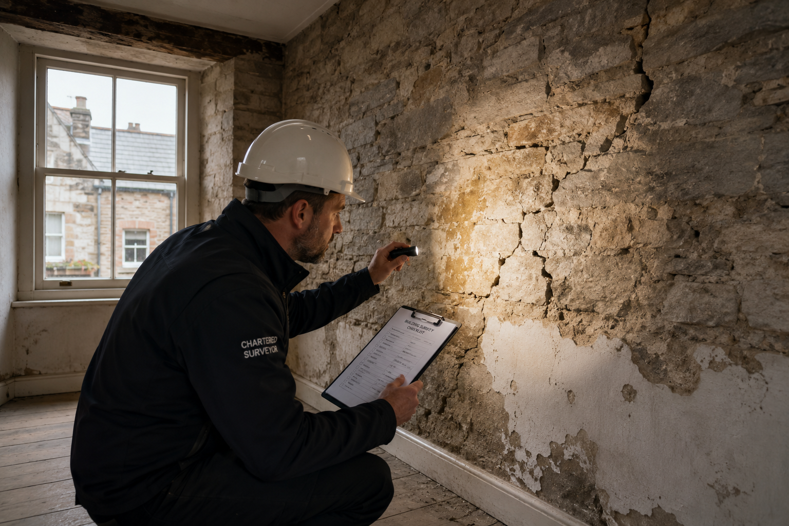 Wide-angle () showing a professional chartered surveyor in a hard hat conducting a structural inspection inside a period UK