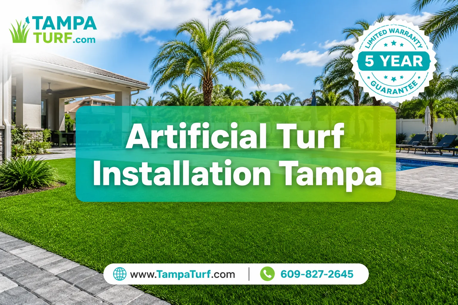 Professional () editorial hero image with SHORT : 'Artificial Turf Installation Tampa' rendered on two centered lines in