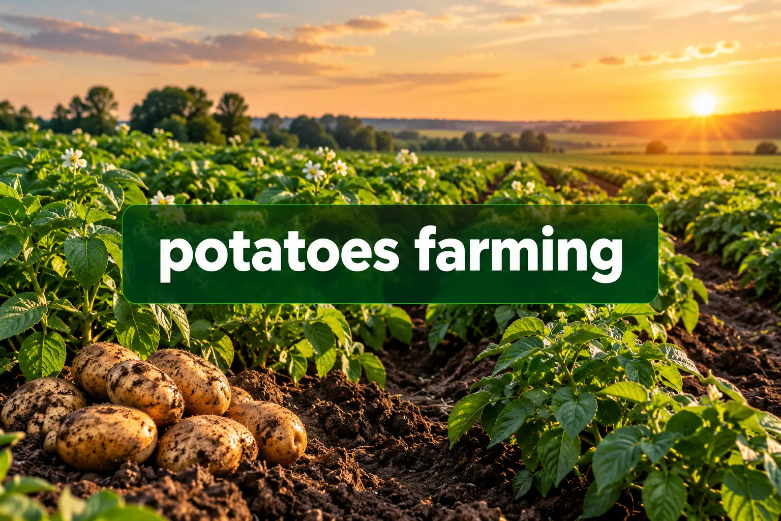 Professional () hero image with SHORT (≤42 chars): 'potatoes farming', white on a dark green, high-contrast semi-transparent