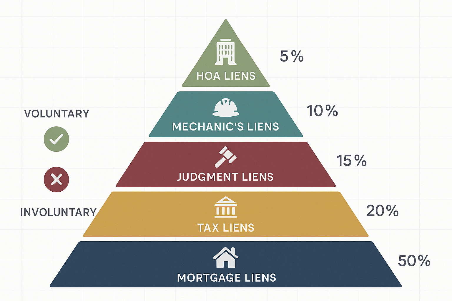 Detailed landscape infographic (1536x1024) showing hierarchical pyramid diagram of lien types with mortgage liens at base as largest section