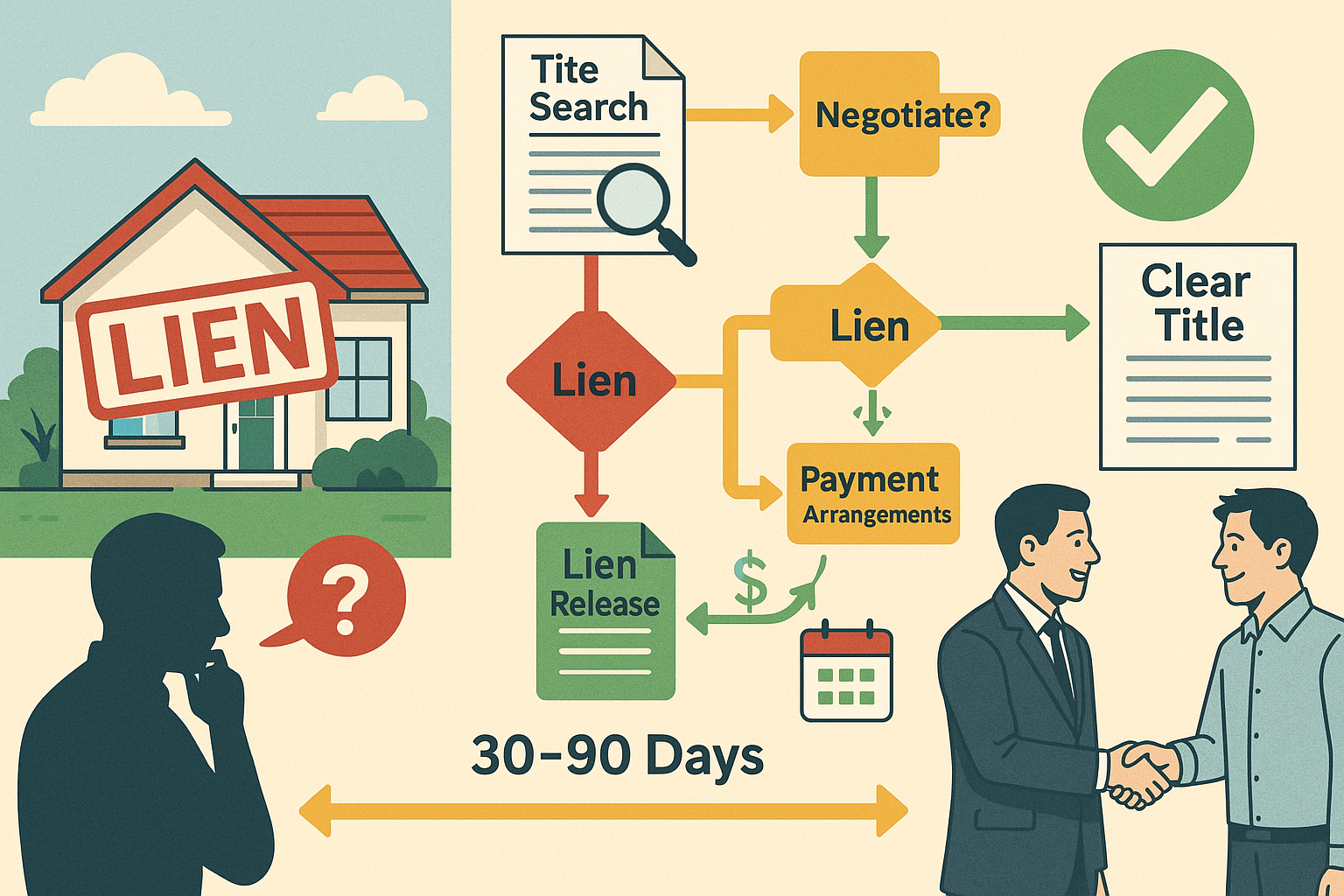 Detailed landscape illustration (1536x1024) depicting step-by-step property sale process with lien complications. Left side shows house with