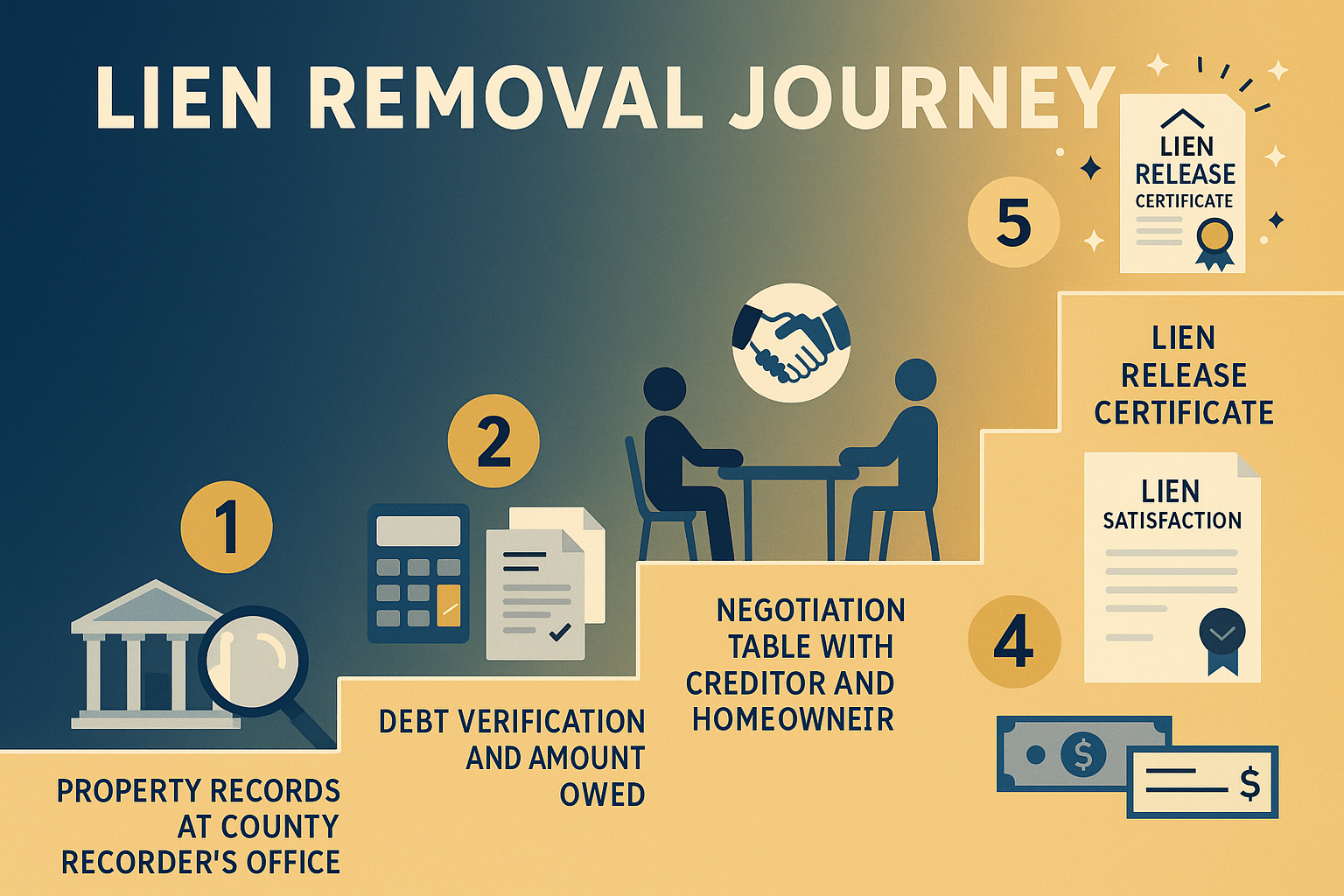 Detailed landscape process diagram (1536x1024) showing five-step lien removal journey as ascending staircase from left to right. Step 1: Mag