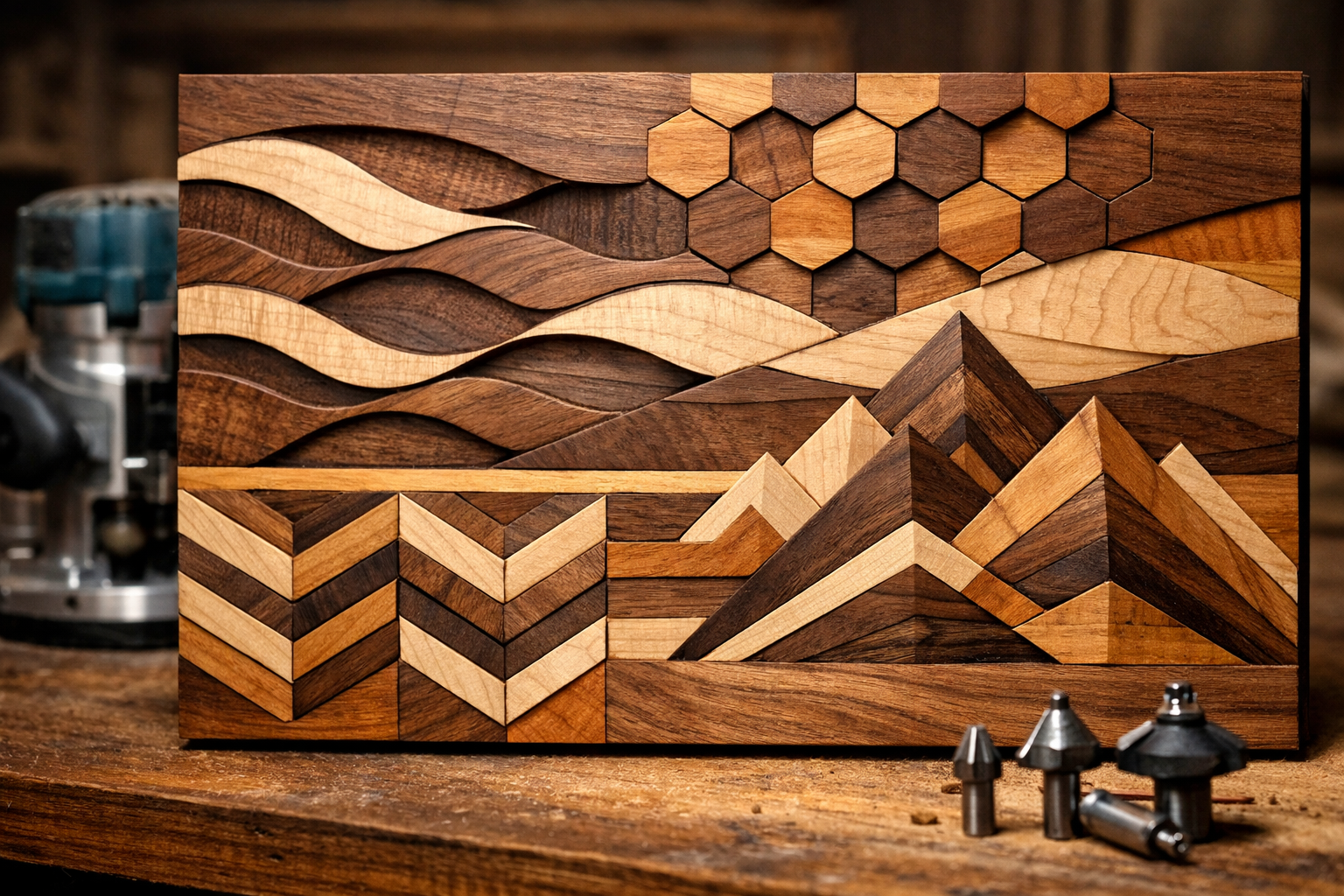 Landscape format (1536x1024) image featuring a close-up of a multi-layered wooden wall art piece, showcasing distinct depth and texture crea