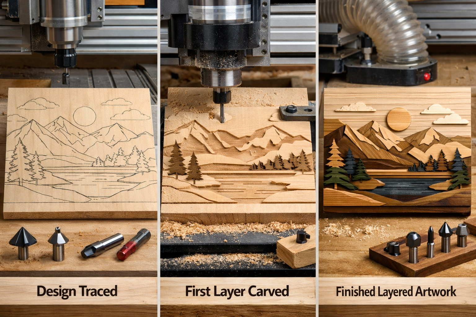 Landscape format (1536x1024) image illustrating a step-by-step process of creating 3D layered wooden wall art using router techniques. The i