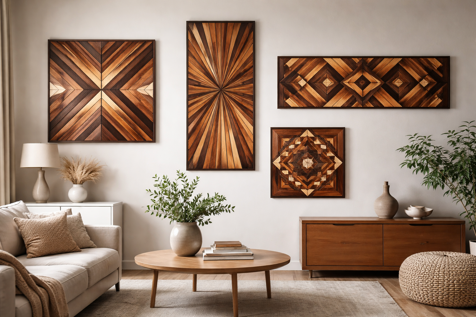 Landscape format (1536x1024) image displaying a modern living space with several examples of Handcrafted Wooden Wall Art: 3D Layered Panels