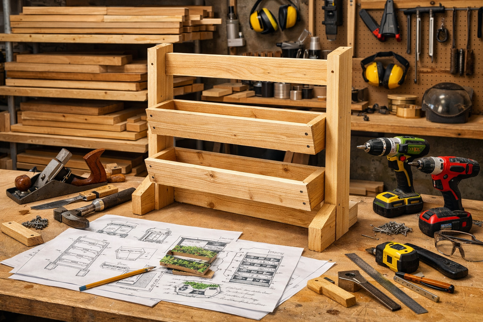 A detailed () image showcasing a woodworking workshop with various hand tools and power tools laid out on a clean workbench.