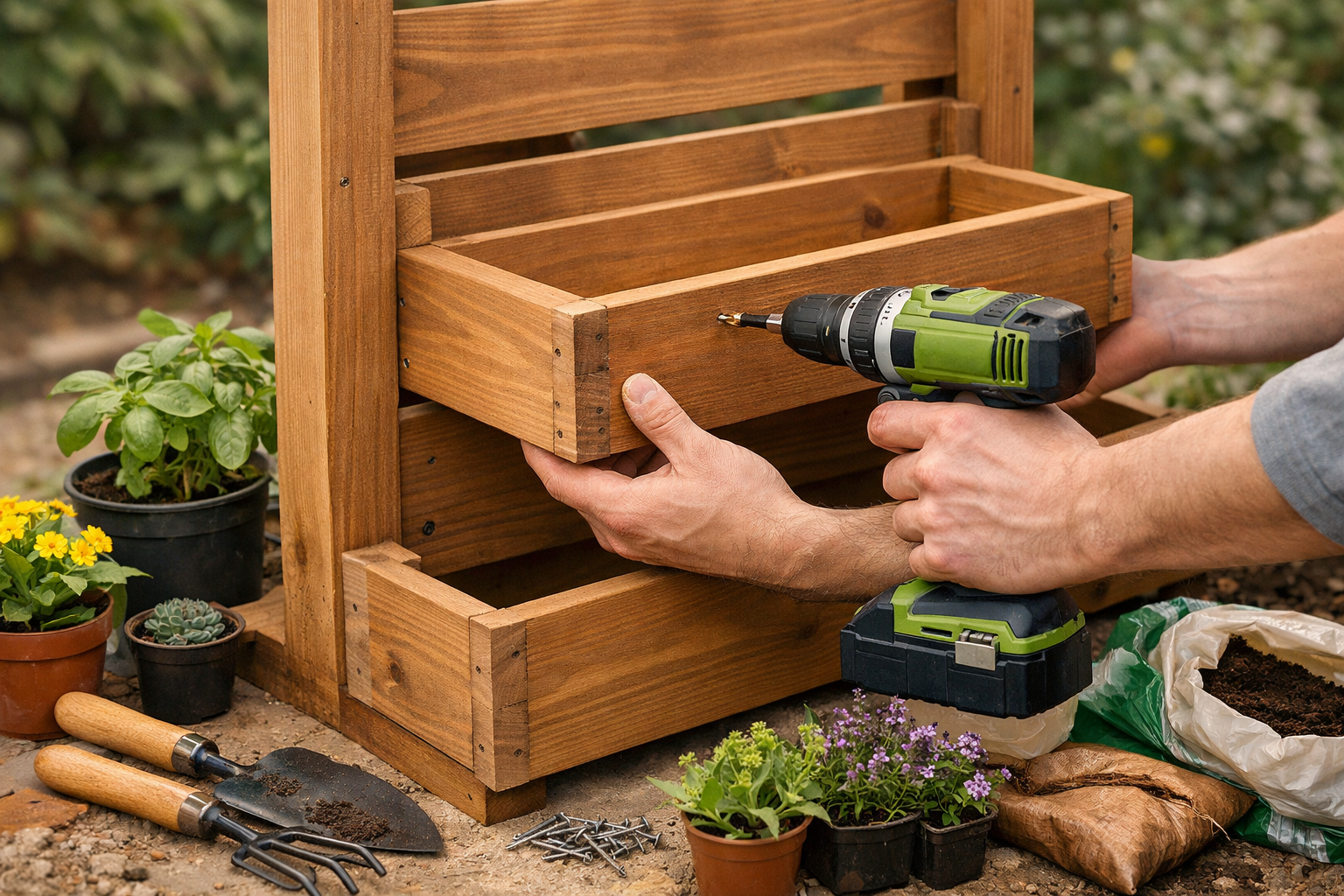 A detailed () image illustrating the assembly process of a wooden vertical garden planter. A pair of hands is shown