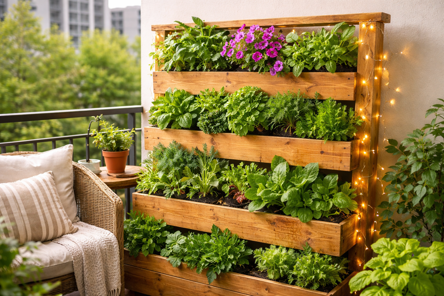 A vibrant () image of a completed wooden vertical garden planter mounted on a small urban balcony. The planter is teeming
