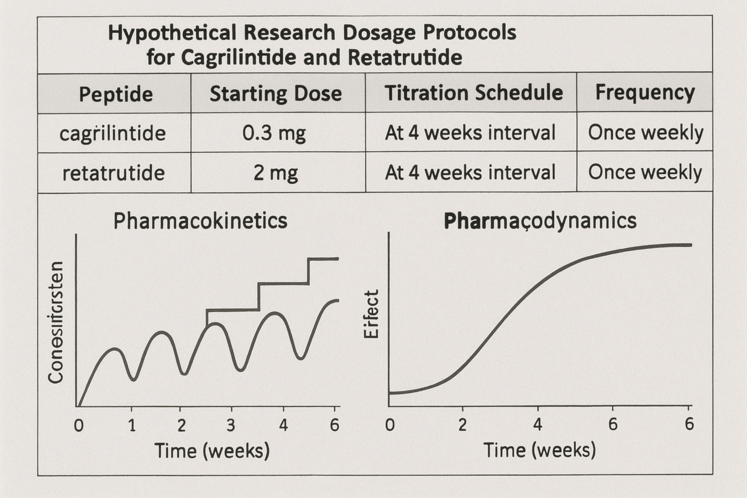 A detailed scientific chart or table depicting various hypothetical research dosage protocols for cagrilintide and retatrutide, with columns